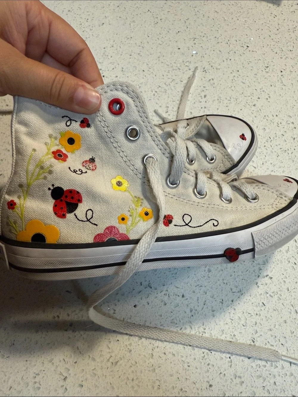 Converse Kids White High-Top Sneakers with Ladybug & Floral Accents